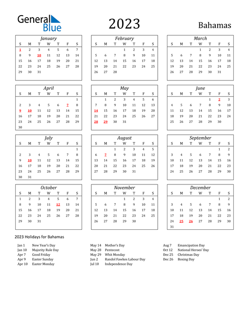 2023 Bahamas Calendar With Holidays