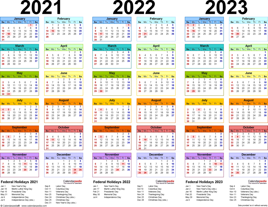 3 Year Calendar 2021 To 2023 Month Calendar Printable