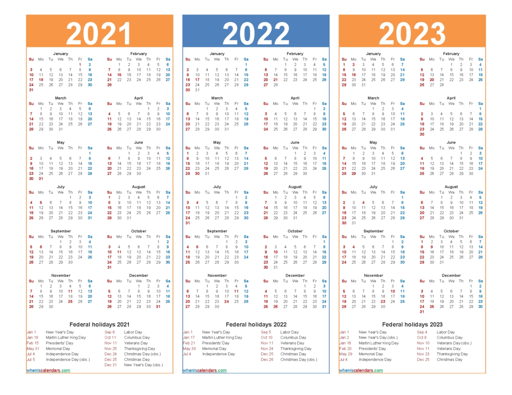 3 Year Calendars 2021 2022 2023 Free Printable Calendar Template 