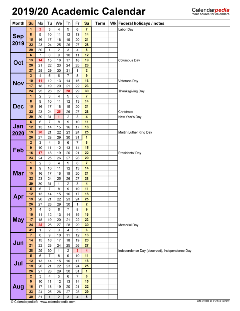 Academic Calendars 2019 2020 Free Printable Word Templates