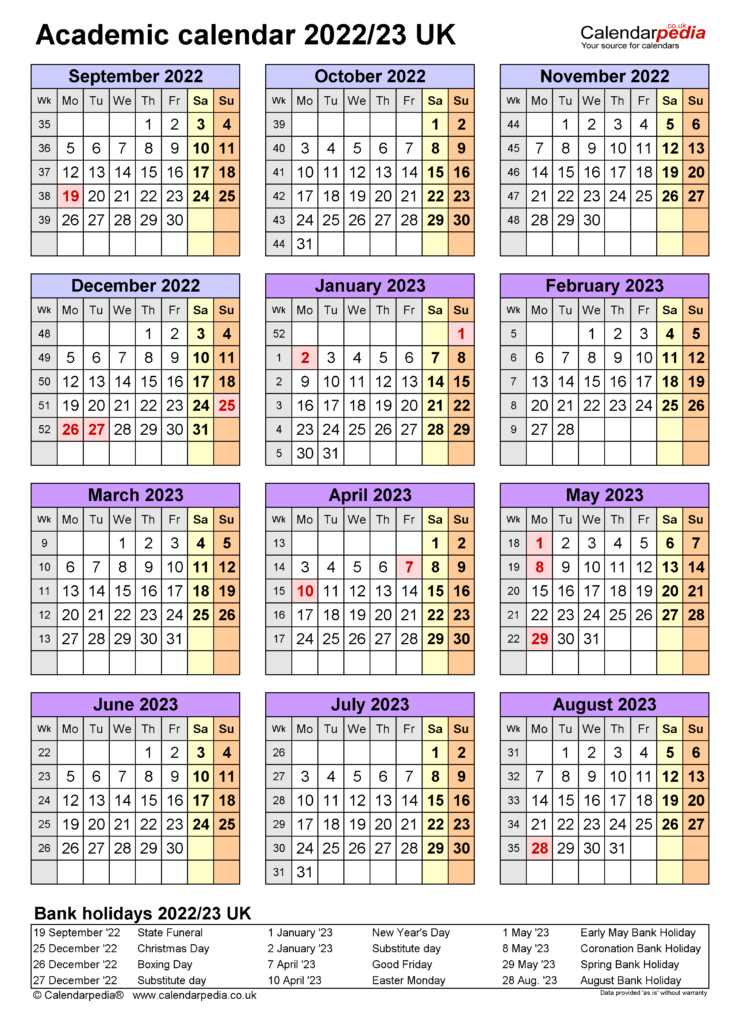 Academic Calendars 2022 23 UK Free Printable Excel Templates