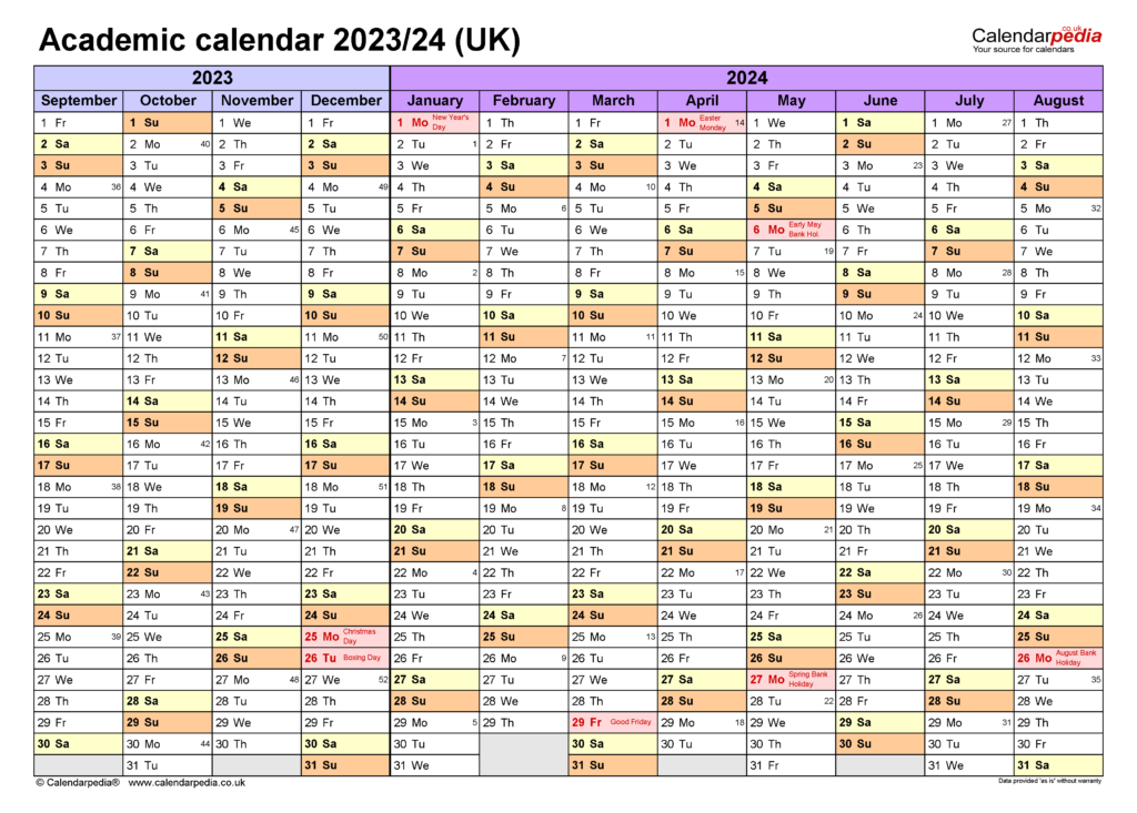 Academic Calendars 2023 24 UK Free Printable Excel Templates