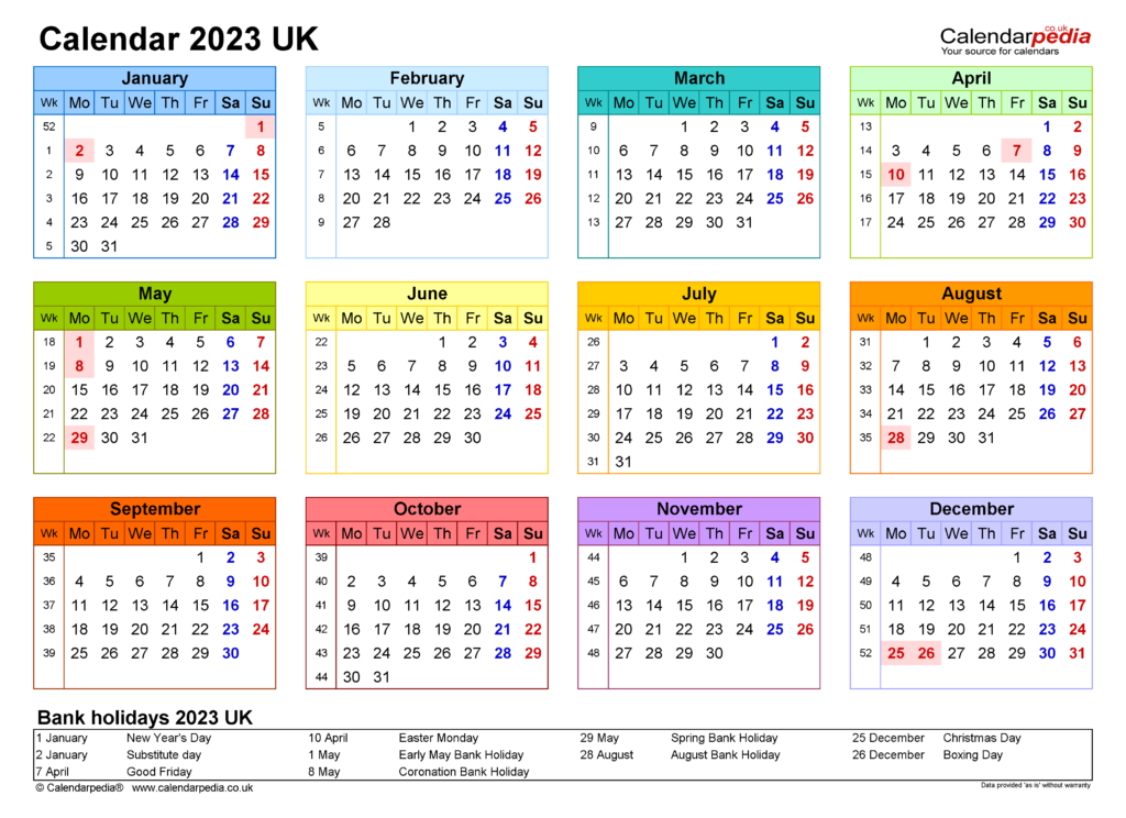 Calendar 2023 UK Free Printable PDF Templates