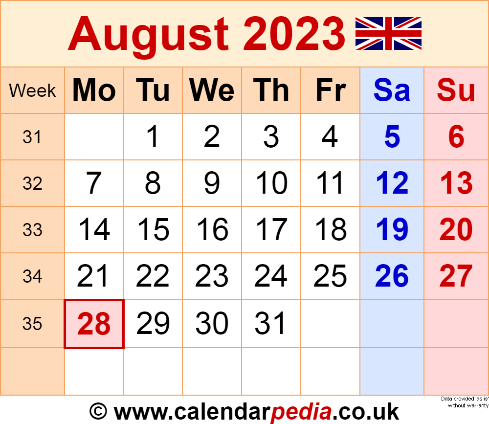 Calendar August 2023 UK With Excel Word And PDF Templates