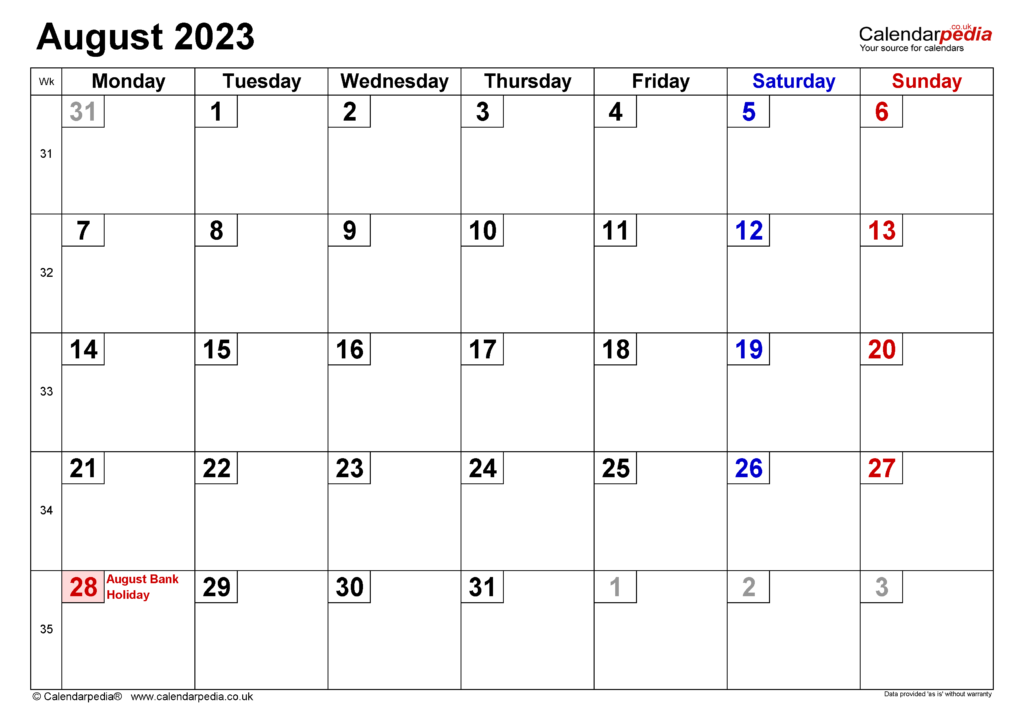 Calendar August 2023 UK With Excel Word And PDF Templates