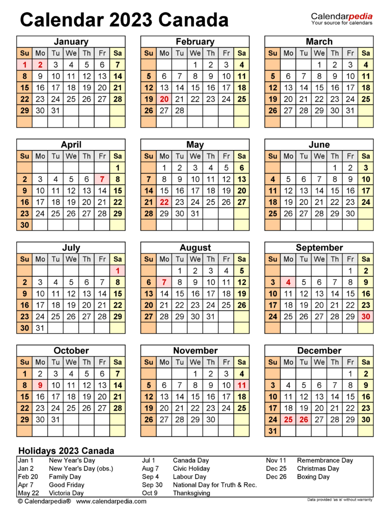 Canada Calendar 2023 Free Printable PDF Templates