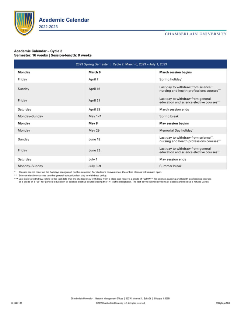 CU Collateral Center Chamberlain University 2022 2023 Academic Calendar