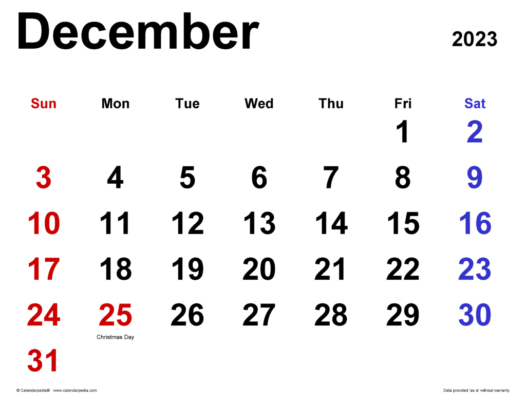 December 2023 Calendar Templates For Word Excel And PDF