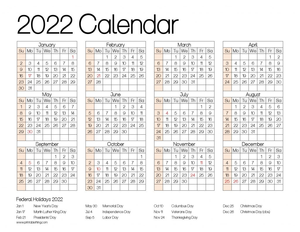 Exclusive 2022 Calendar Printable One Page PDF Templates Free