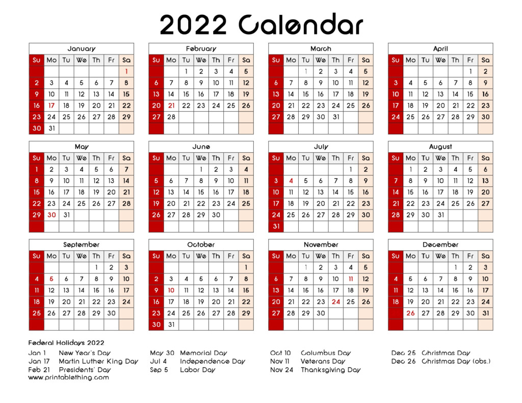 Exclusive 2022 Calendar Printable One Page PDF Templates Free