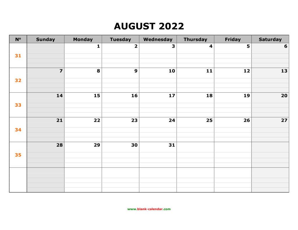 Free Download Printable August 2022 Calendar Large Box Grid Space For Notes