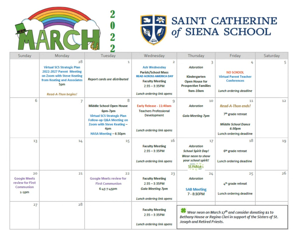 March 2022 Calendar St Catherine Siena