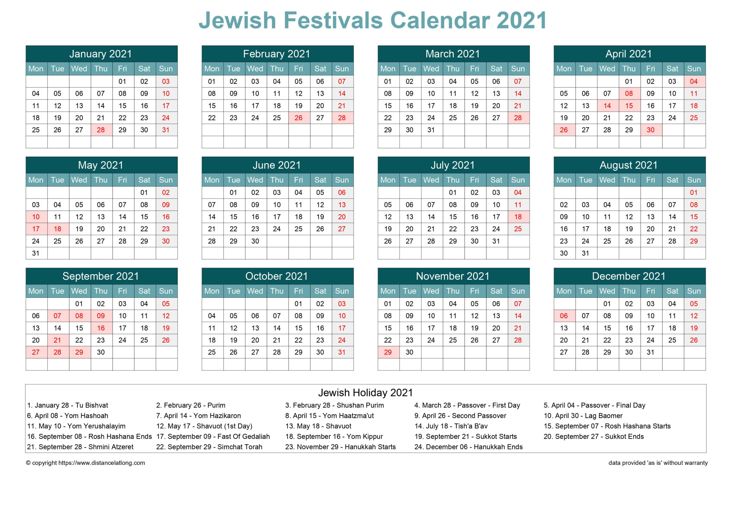 More 2021 Jewish Religious Calendar Templates