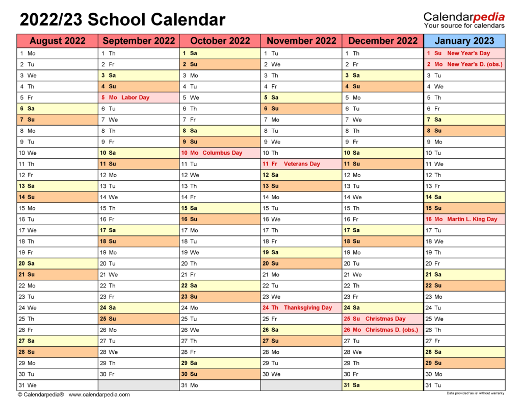 School Calendars 2022 2023 Free Printable Word Templates