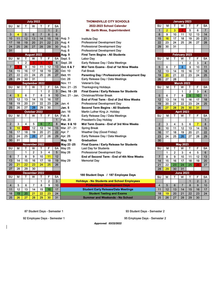 School System Calendar For 22 23 Approved Thomasville City Schools