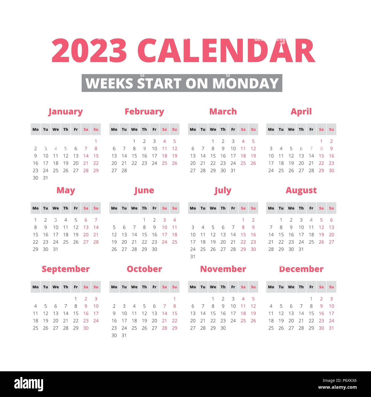 Simple 2023 Year Calendar Week Starts On Monday Stock Vector Image