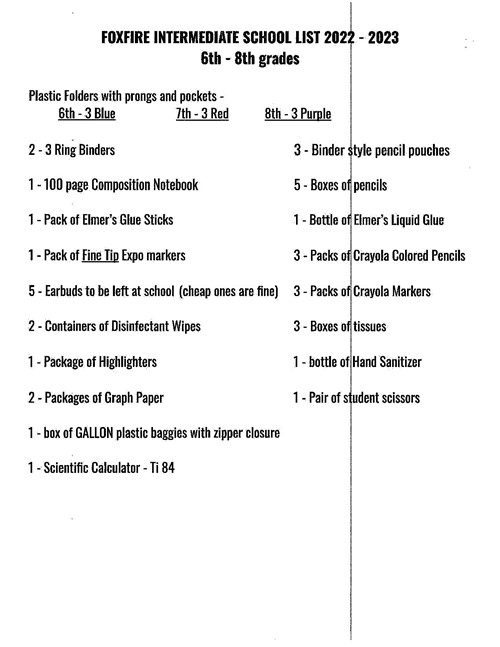 Student Supply List