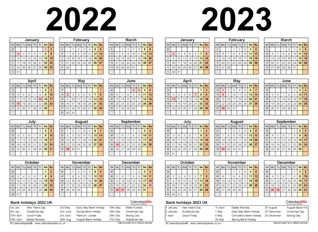 Two Year Calendars For 2022 2023 UK For Word