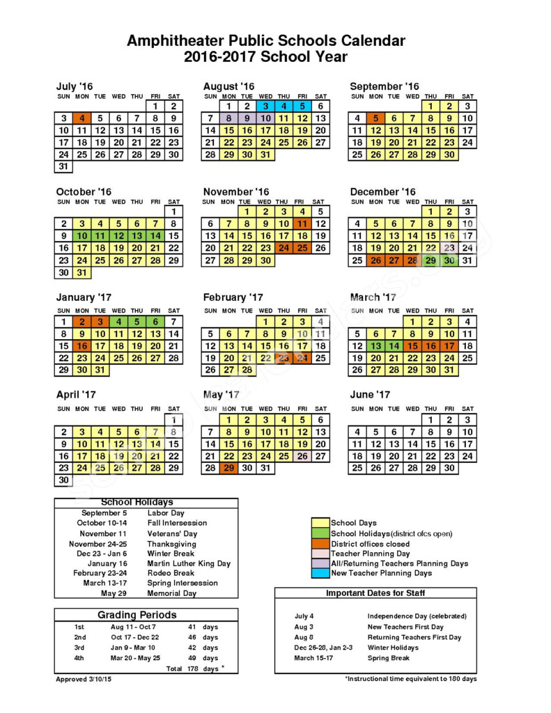 2016 2017 District Calendar color Amphitheater Public Schools 