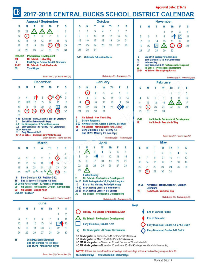 2017 2018 District Calendar Central Bucks School District 