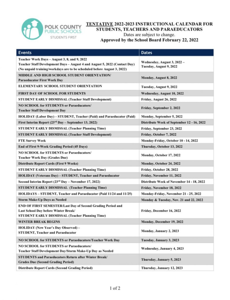 2022 2023 Polk County Schools Calendar Laurel Elementary