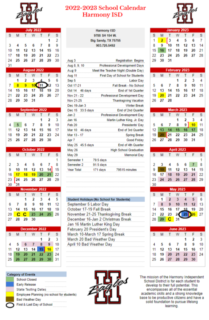 2022 2023 School Calendar Harmony Independent School District