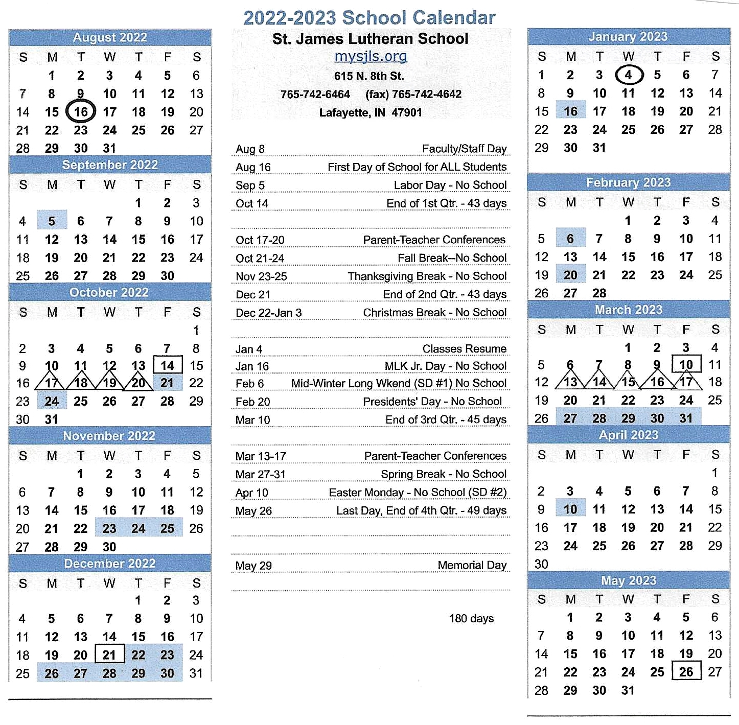 2022 2023 School Year Calendar St James Lutheran School