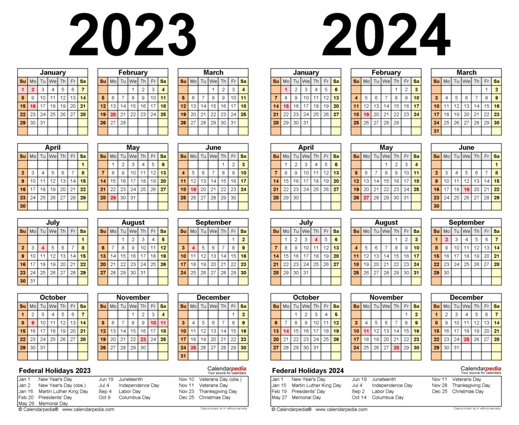 2023 2024 Two Year Calendar Free Printable Word Templates