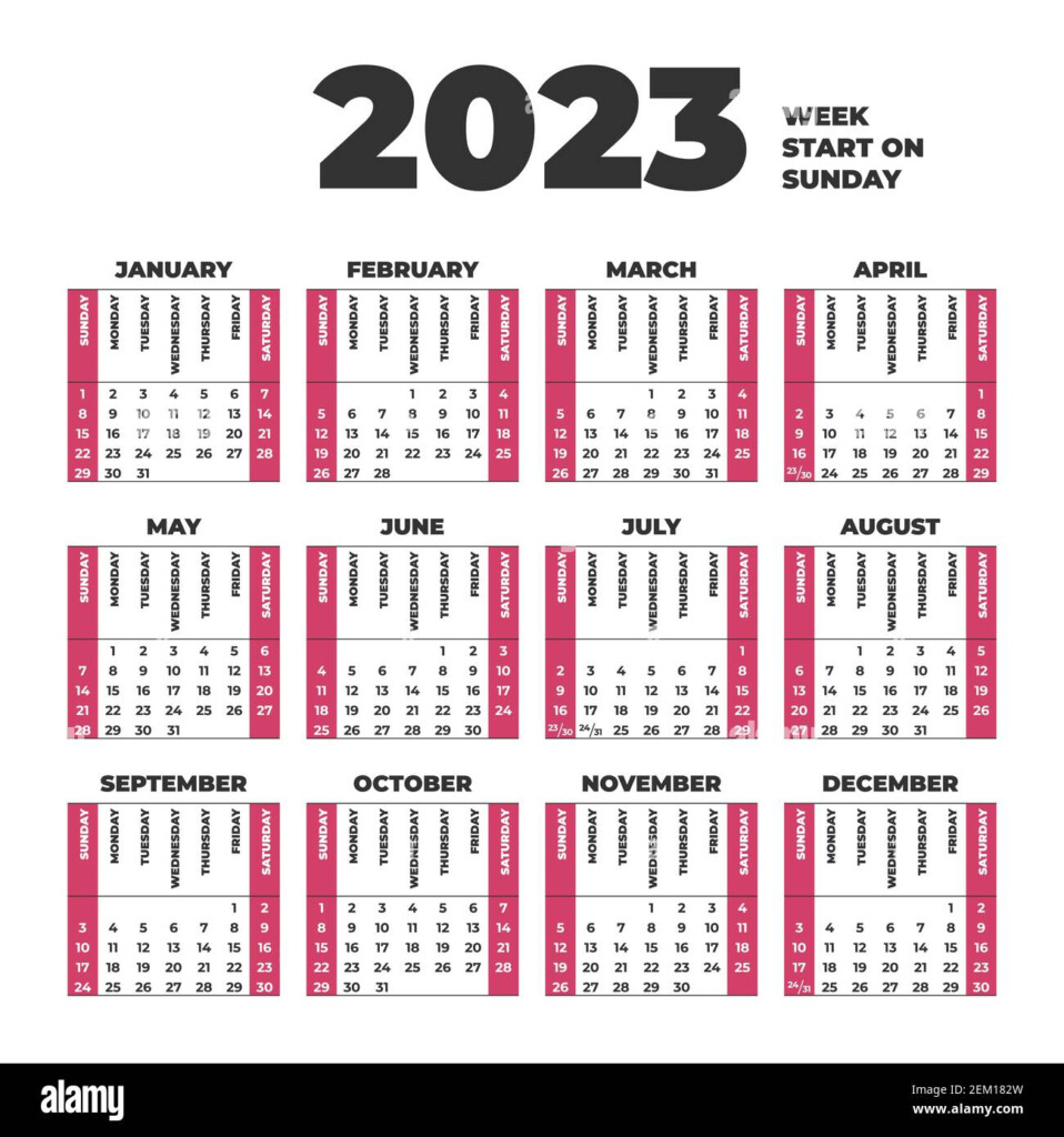 2023 Calendar Template With Weeks Start On Sunday Stock Vector Image 