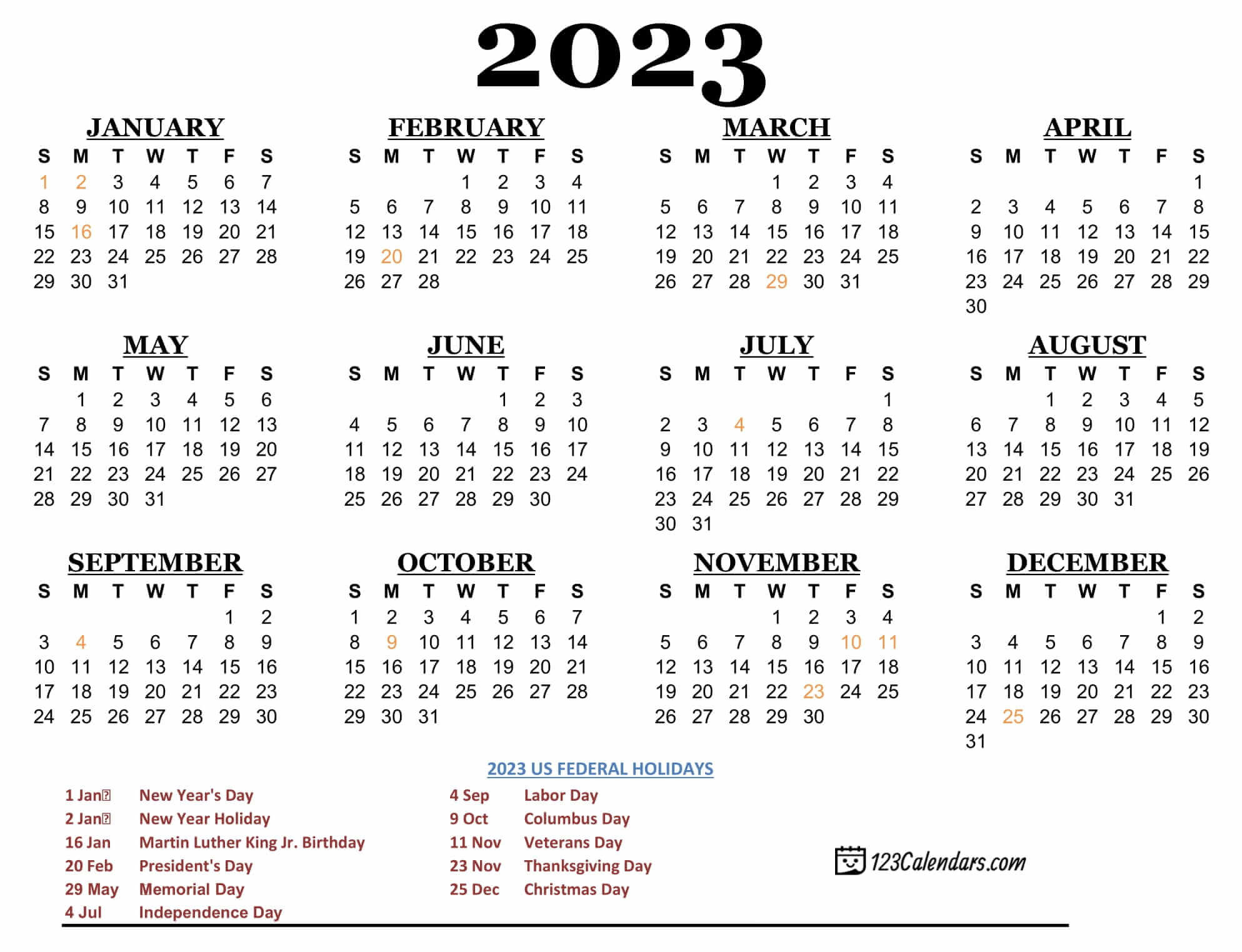 2023 Printable Calendar 123Calendars