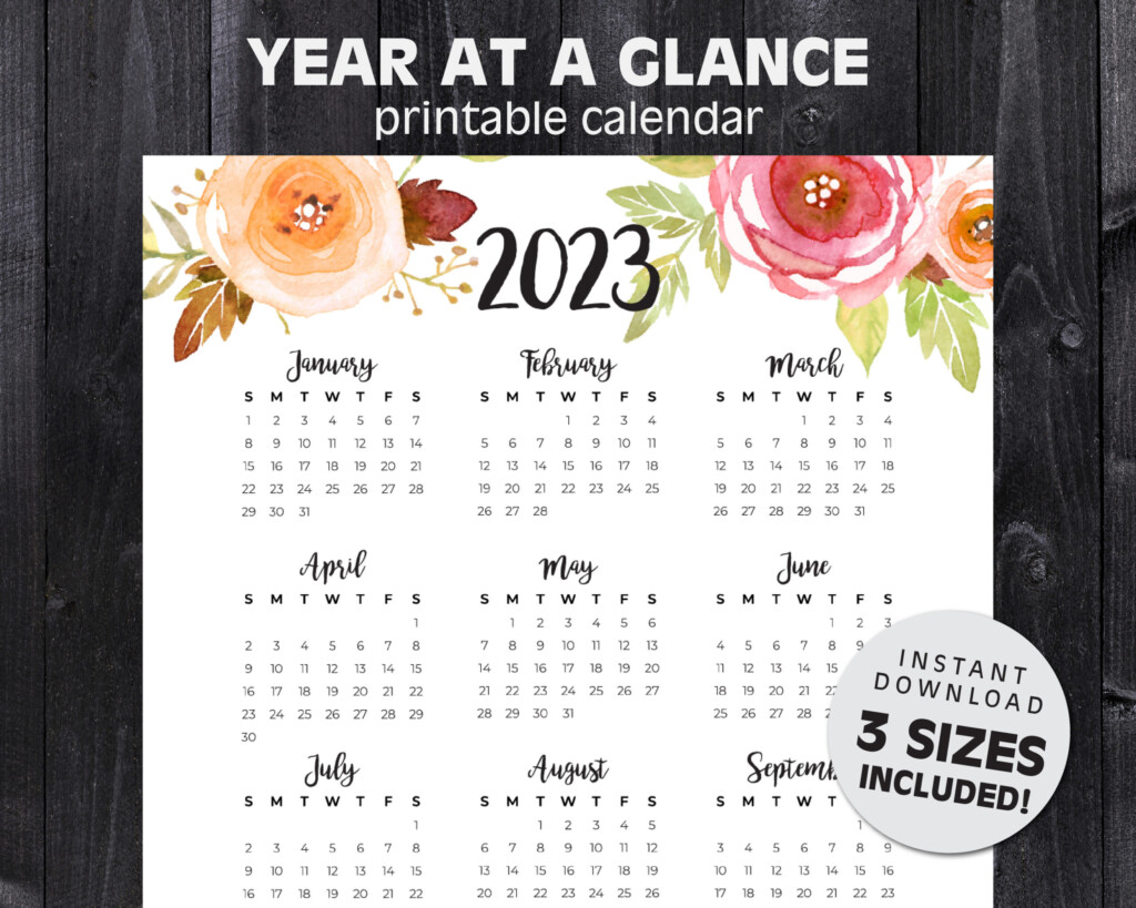2023 Printable Calendar Year At A Glance Watercolor Roses