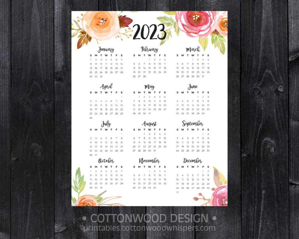 2023 Printable Calendar Year At A Glance Watercolor Roses