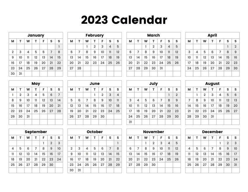 2023 Year Calendar With The Week Starting On Monday