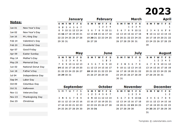 2023 Yearly Calendar Template With US Holidays Free Printable Templates