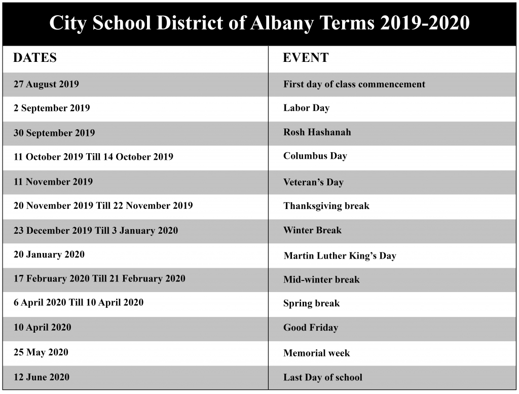 Albany City School District Calendar 2021 Academic Calendar School 