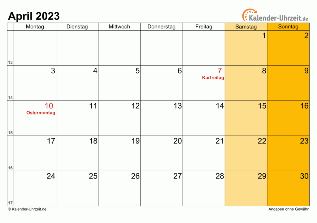 April 2023 Kalender Mit Feiertagen