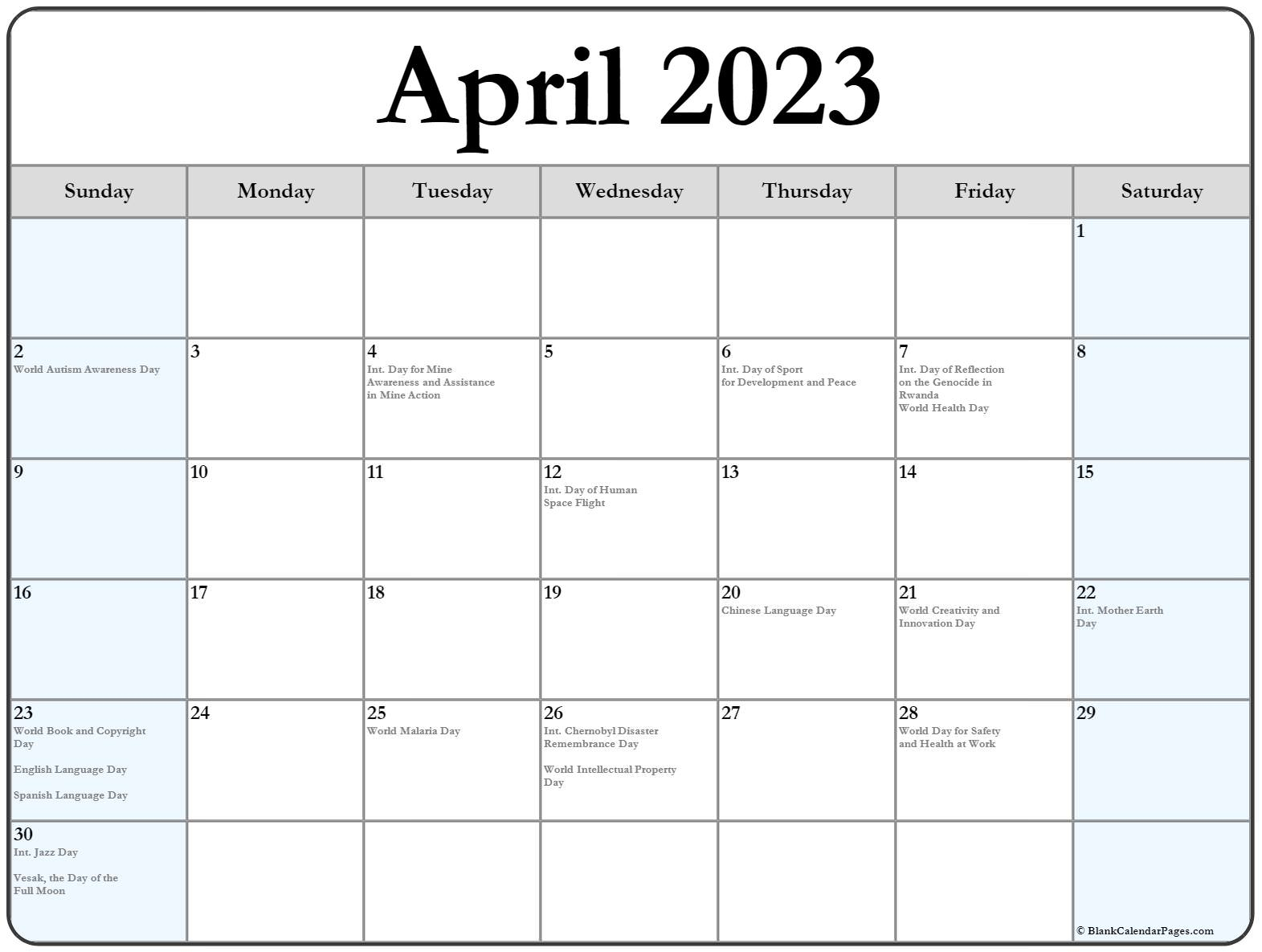 April 2023 With Holidays Calendar