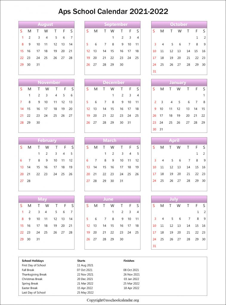 APS School Calendar With Holidays For 2021 2022
