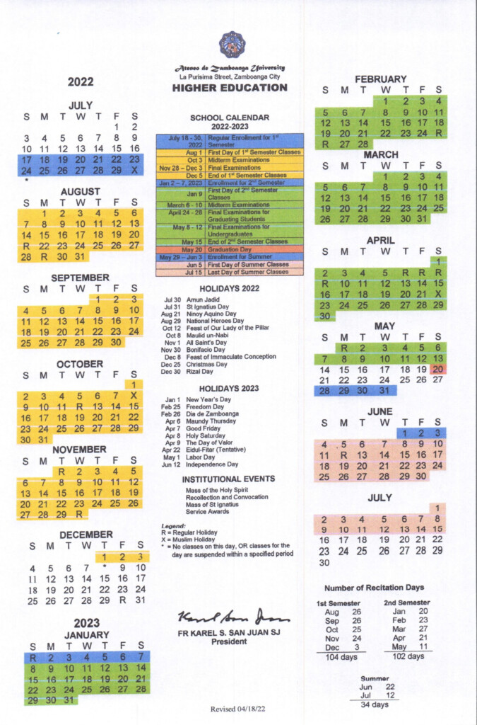 Ateneo De Zamboanga University School Calendar SY 2022 2023