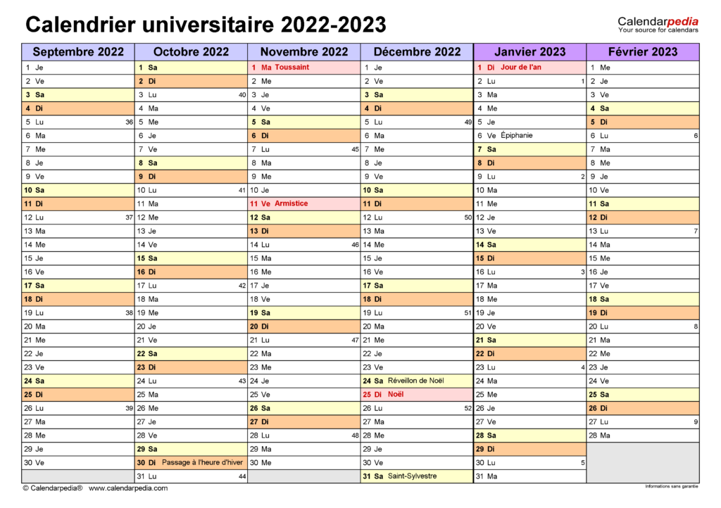Calendrier Universitaire 2022 2023 Excel Word Et PDF