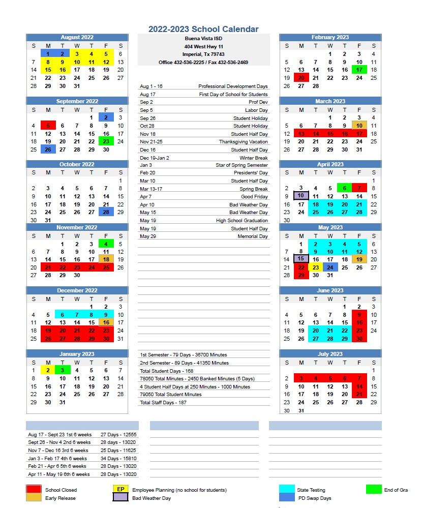 District Academic Calendar Buena Vista ISD