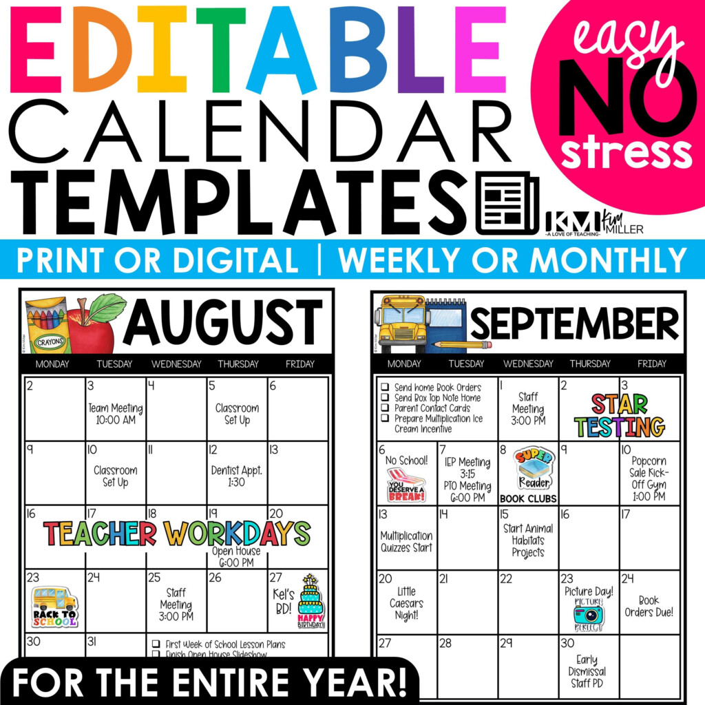 Editable Monthly Calendars 2022 2023 Templates Back To School Free 