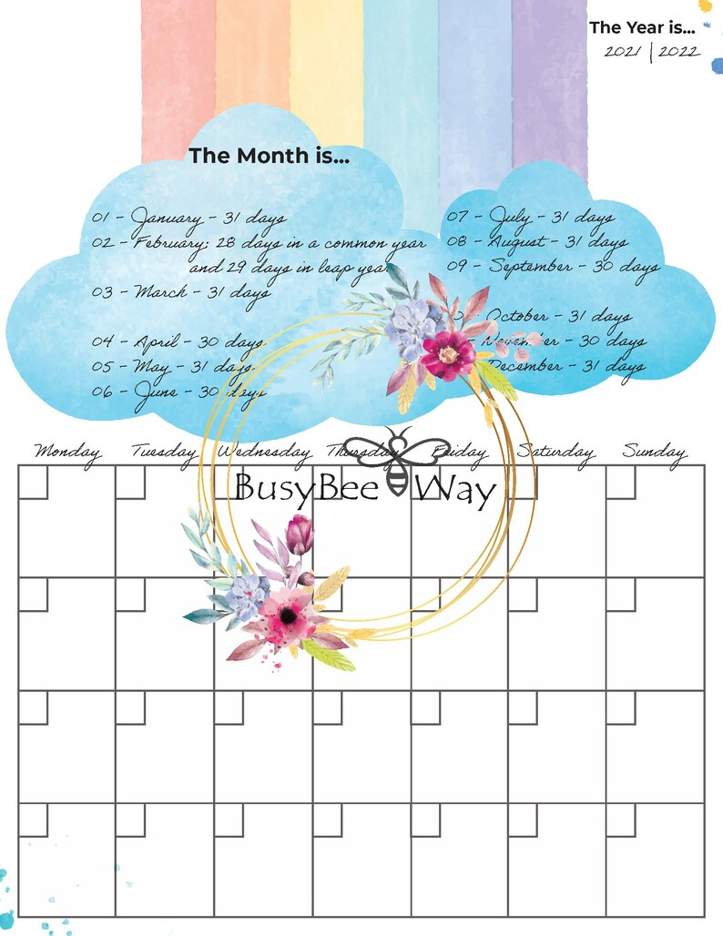 Fillable Rainbow Calendar 2021 2022 2023 2024 Etsy