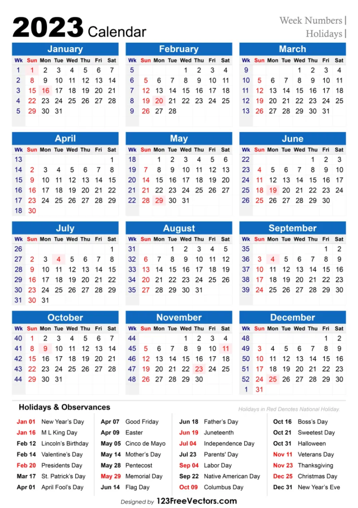 Free 2023 Holiday Calendar With Week Numbers In 2023 Calendar With 