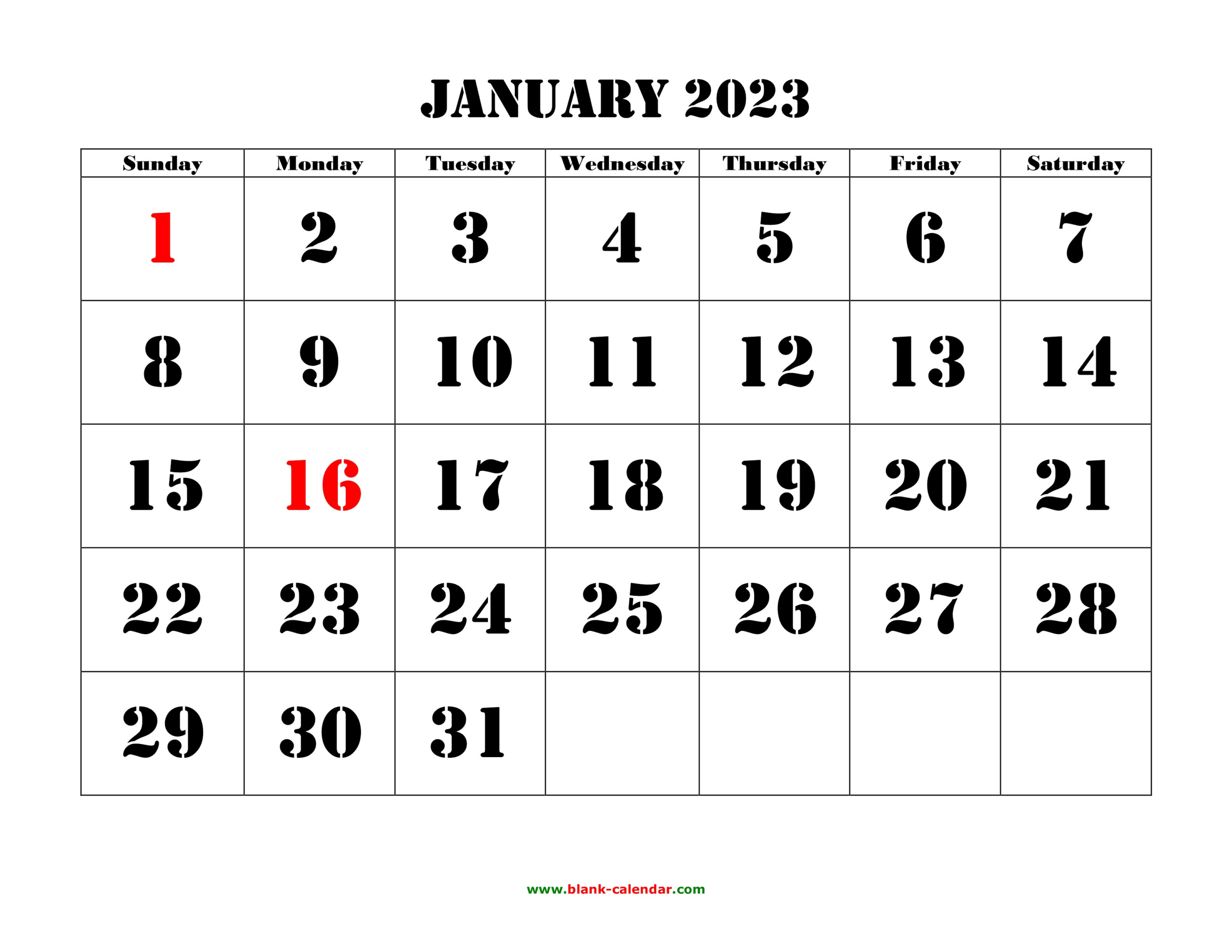 Free Download Printable Calendar 2023 Large Font Design Holidays On Red