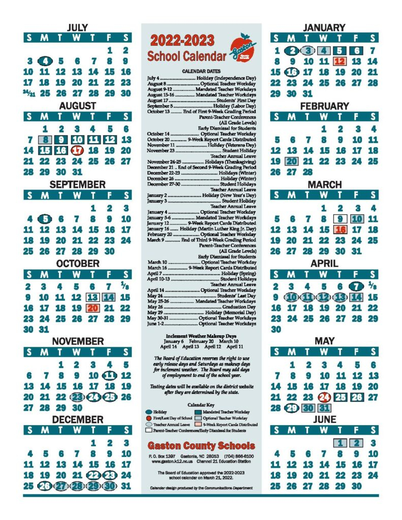 Gaston County Schools Calendar Holidays 2022 2023