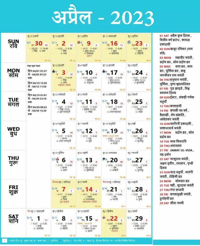 Hindi Panchang Calendar 2023 April 2023