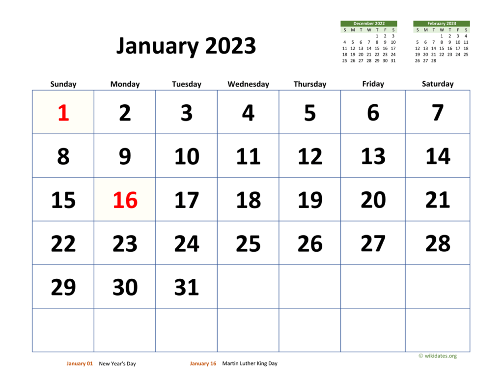 January 2023 Calendar With Extra large Dates WikiDates