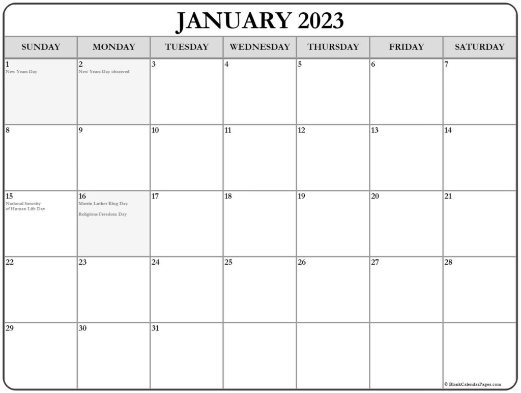January 2023 With Holidays Calendar