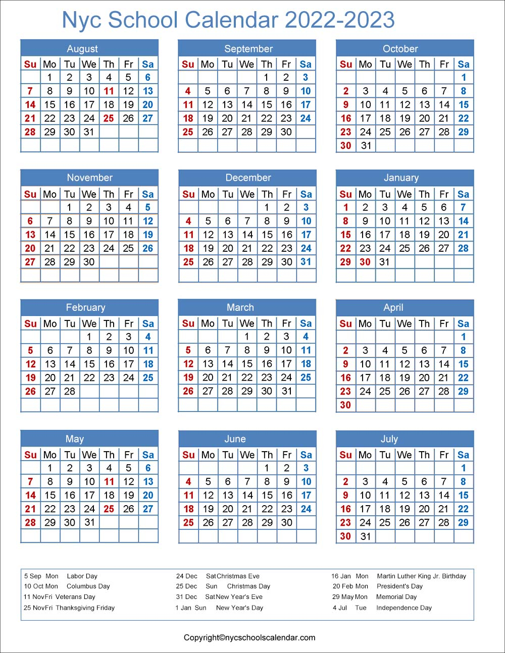 NYC School Holidays Calendar 2022 2023